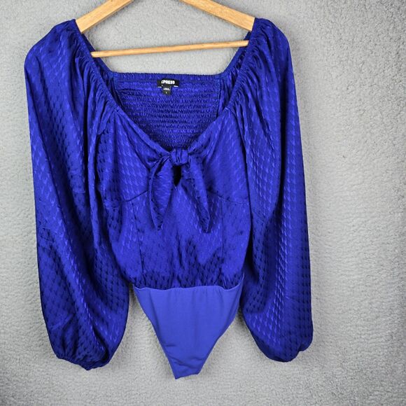 Romantic Regencycore Blouse Bodysuit L Blue Coquette Puff Sleeve Bow Smocked - Picture 5 of 9